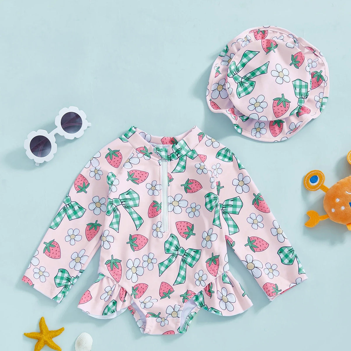Plush Girls' Rash Guard Swimsuit Kit - Zip-Up, Floral Print, Polyester, With Hat, For Summer Beach And Pool