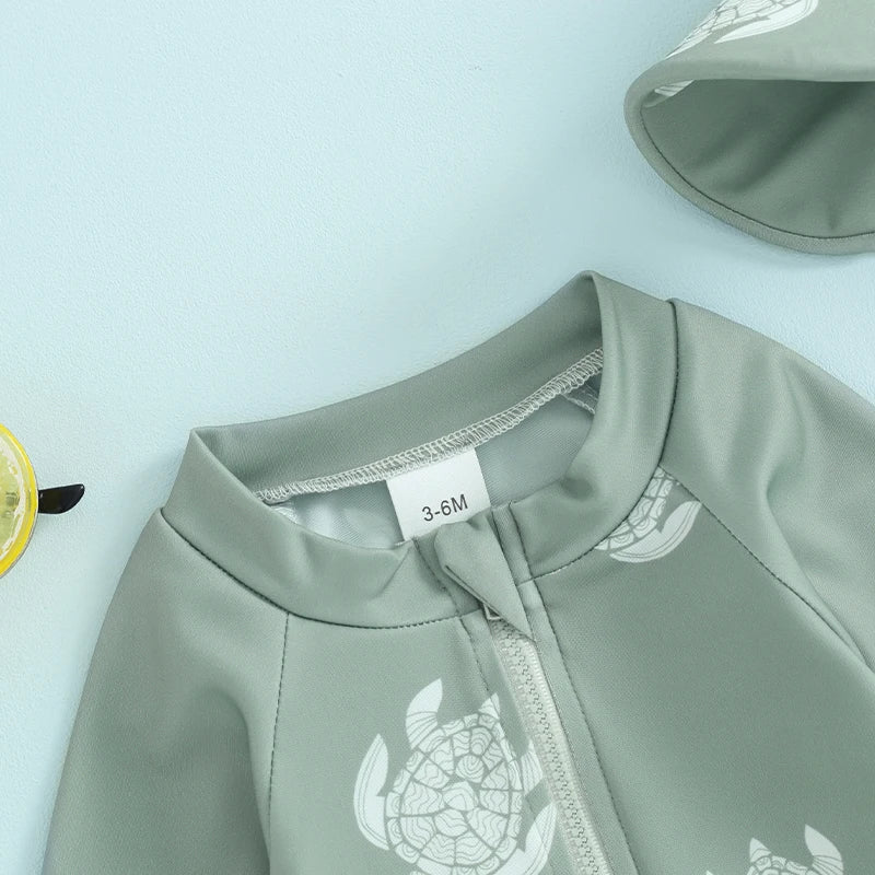 Light Toddler Boys Rash Guard Swimsuit - Long Sleeve, Turtle Print, Polyester, Beachwear