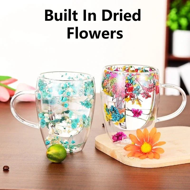 Wall Double Glass Cup with Handle Dried Flower Decorated Ins Style Mug 300ML