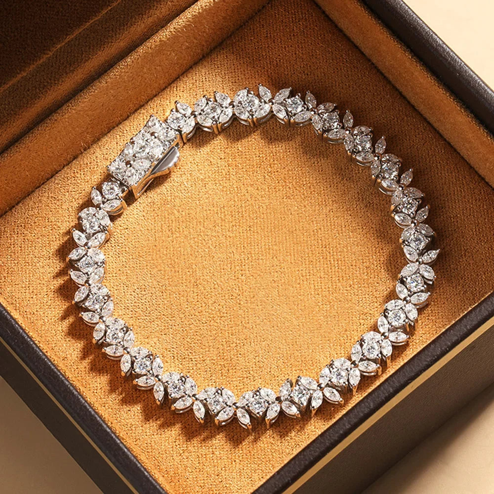 Tennis Moissanite Bracelet Sterling Silver Bridal Floral