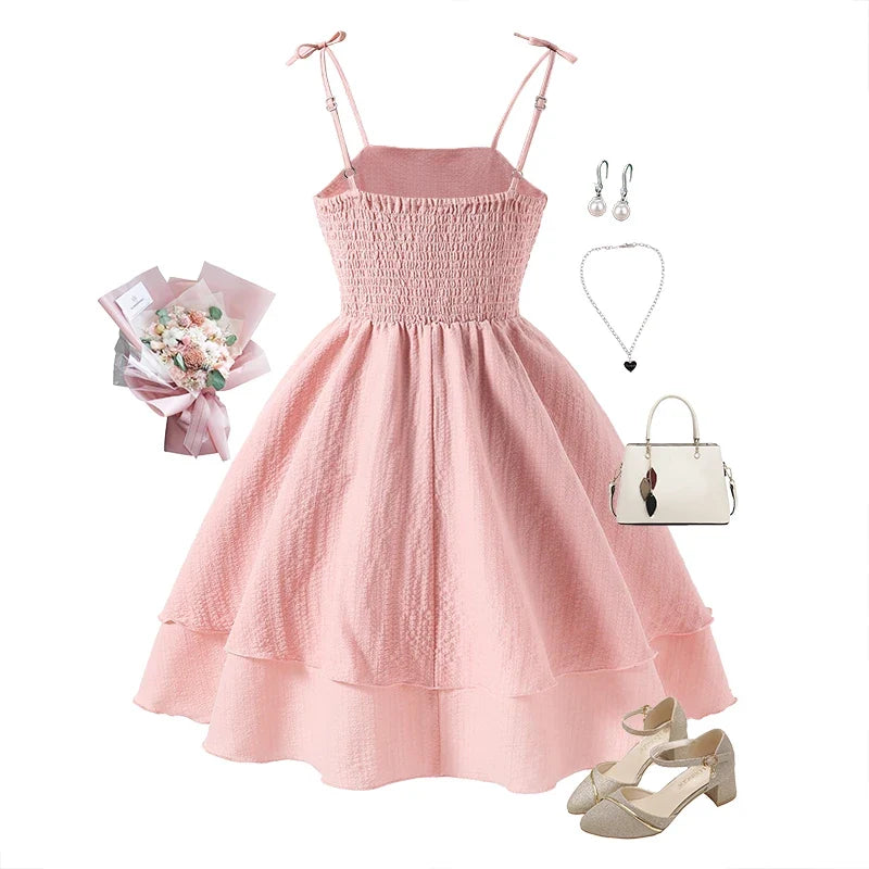 Plush Girls' Princess Dress - Tiered Sling Dress, Flattering, Polyester, For Birthday Party
