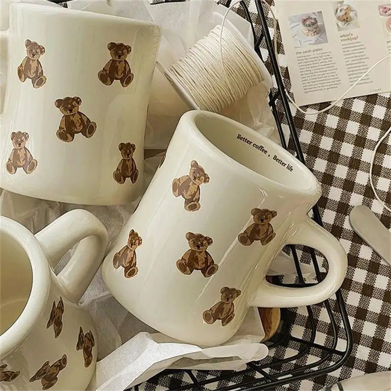 Ceramic Mug Cream Teddy Bear Print Coffee Cup With Handle Korean Cute Breakfast Mug Fall 2025 Cute Gift Simple Grip