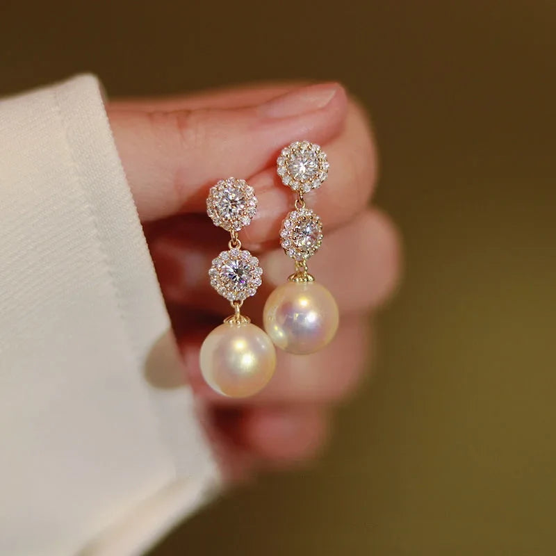 Korean Style Party Jewelry, Fall 2026 Gift Idea – Crystal Flower Earrings Pearl Drop Gold Tone