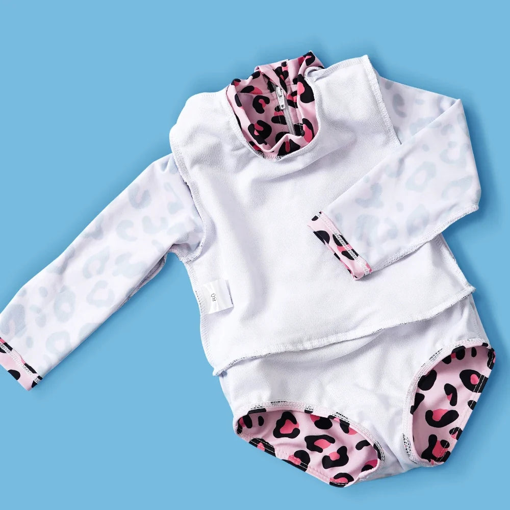Plush Girls' One-Piece Swimsuit - Long Sleeve, Lace Design, Polyester, Sun Protection Beachwear