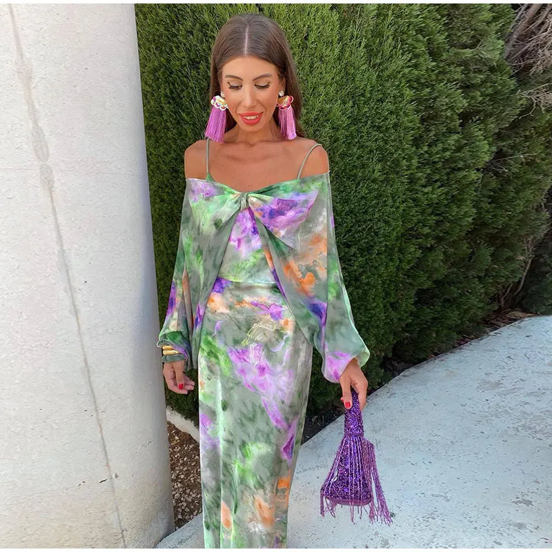 Variant image for Vibrant Long Womens Dress with Removable Scarf and Modern Halo Print for Summer Events-1