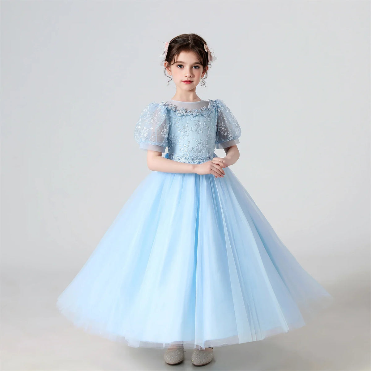 Plush Girls’ Lace-Embroidered Princess Dress - Puff Sleeve, Polyester, For Weddings and Parties