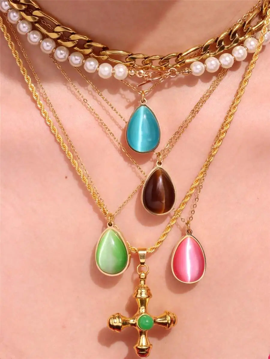 Layered2026 Edition Gold Tone Necklace Kit With Resin Stone Pendants Boho Statement Jewelry Gift Idea Fall