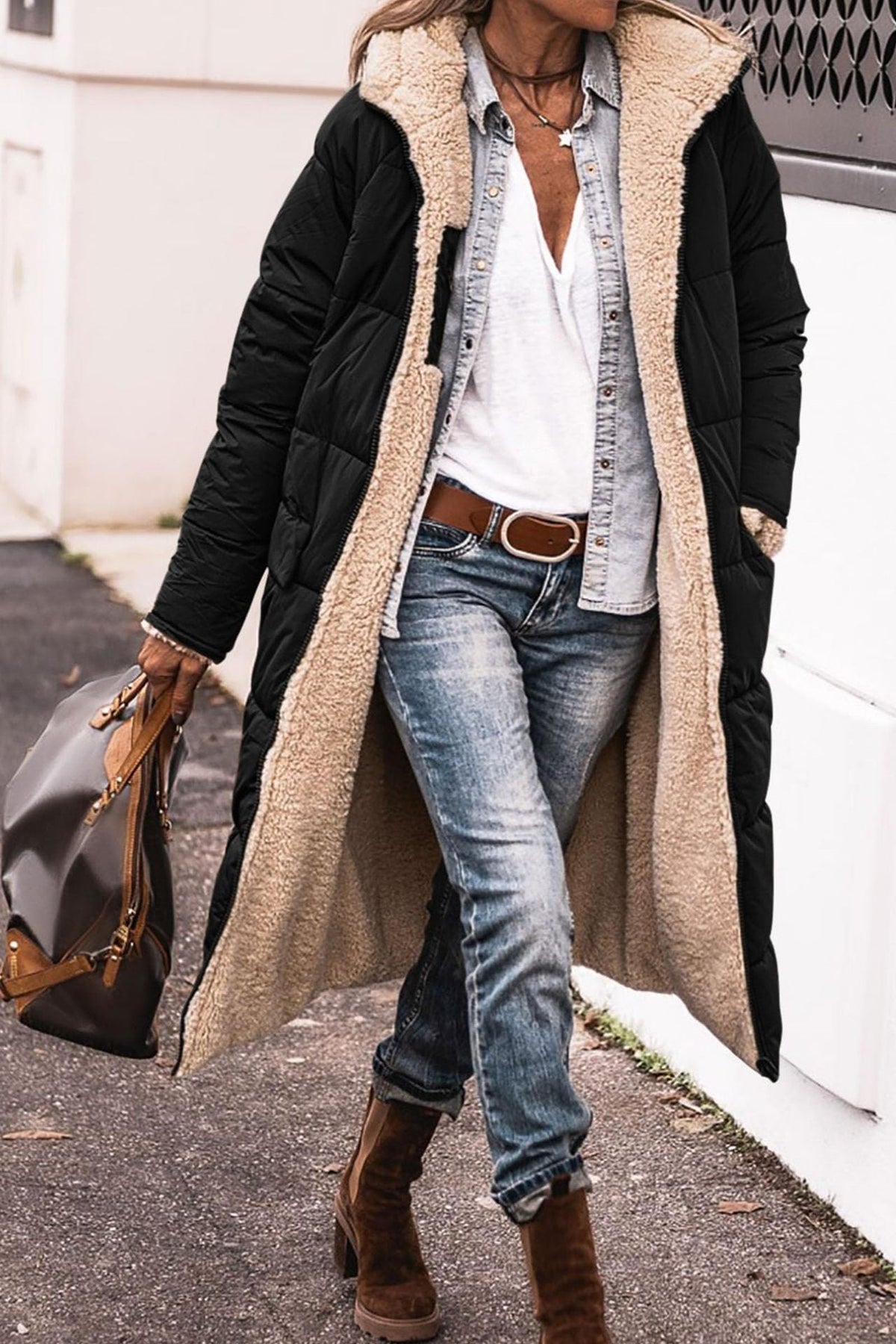 Women’s Warm Reversible Long Coat - Quilted Sherpa Hooded