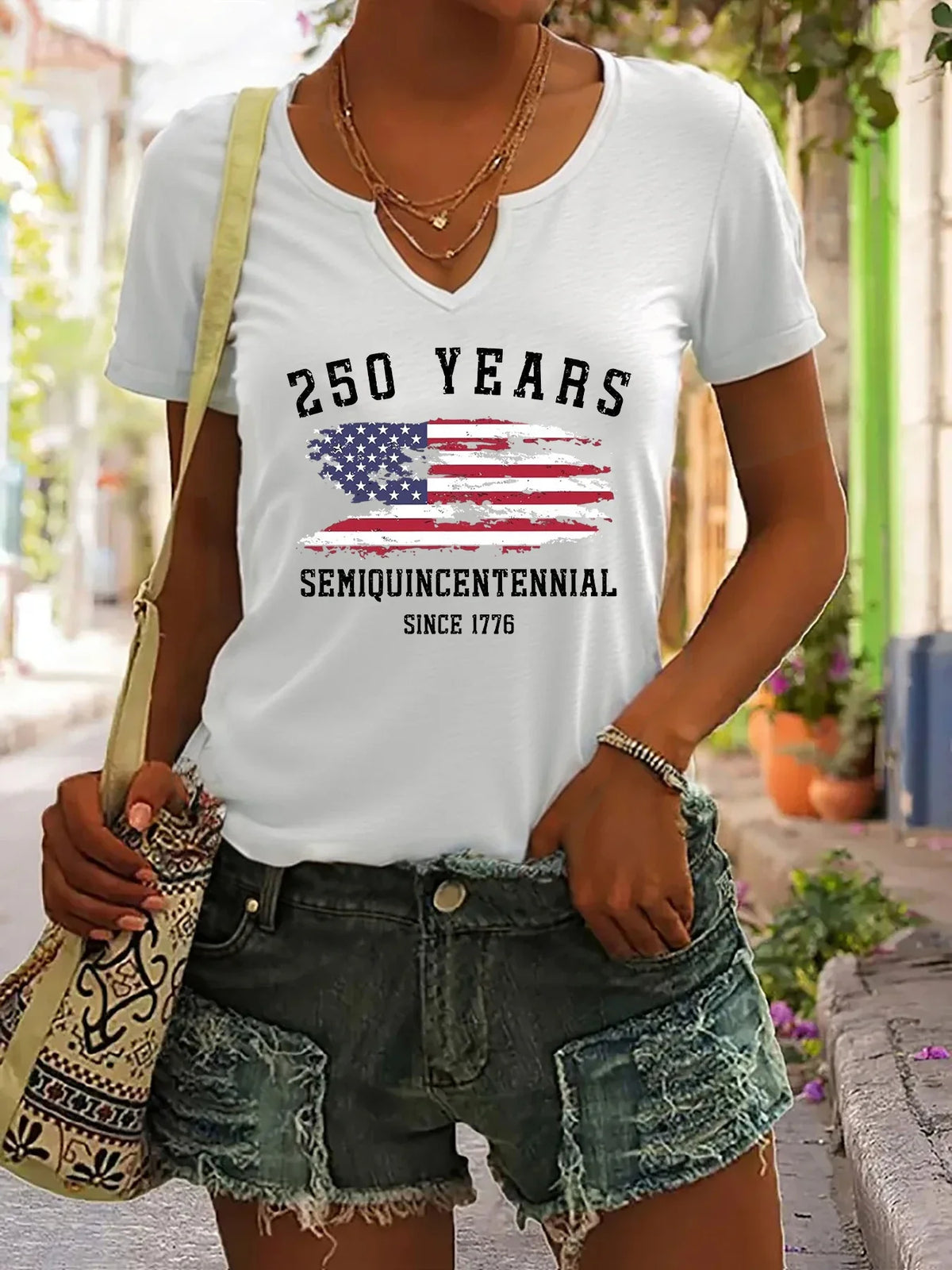 Plush Women's V-Neck T-Shirt - Short Sleeve, Patriotic Semiquincentennial Flag Print, Casual Top