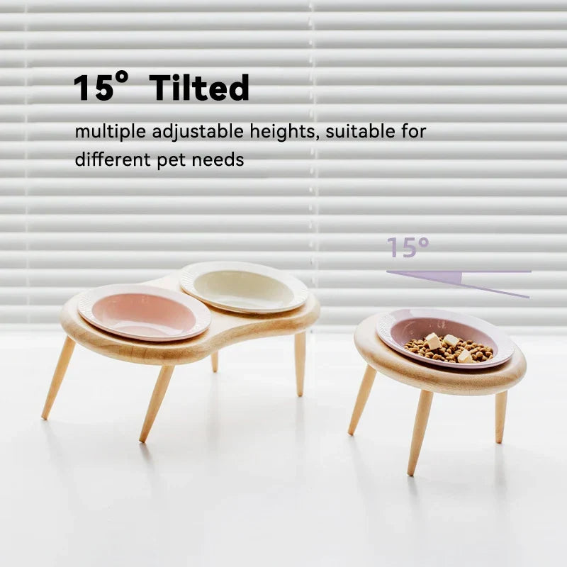 Cat Ceramic Bowl Kit Height Flexible Elevated Wooden Stand Double Food Water Bowls Fall 2025 Mess Free Feeding