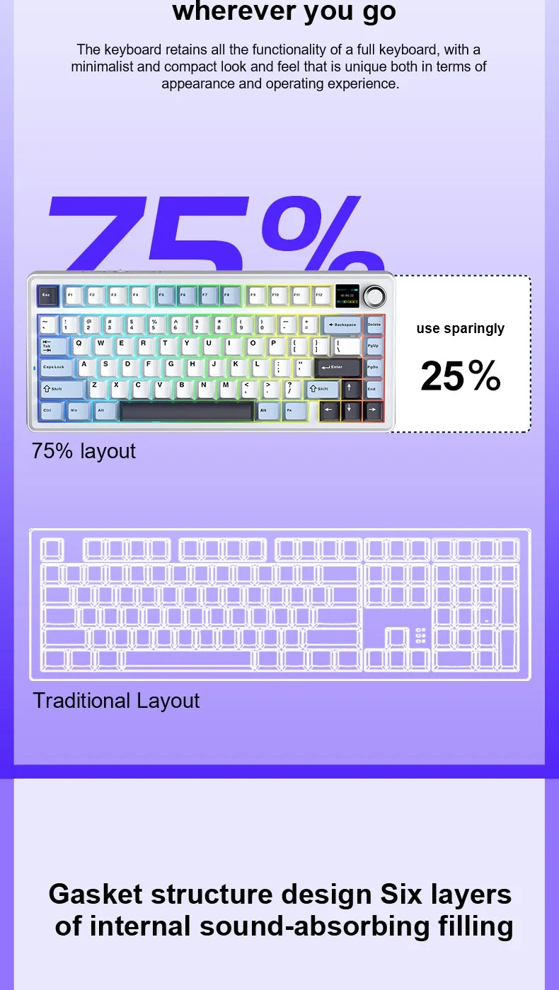 Gaming Mechanical Keyboard 75% Hot Swap RGB TFT Cordless