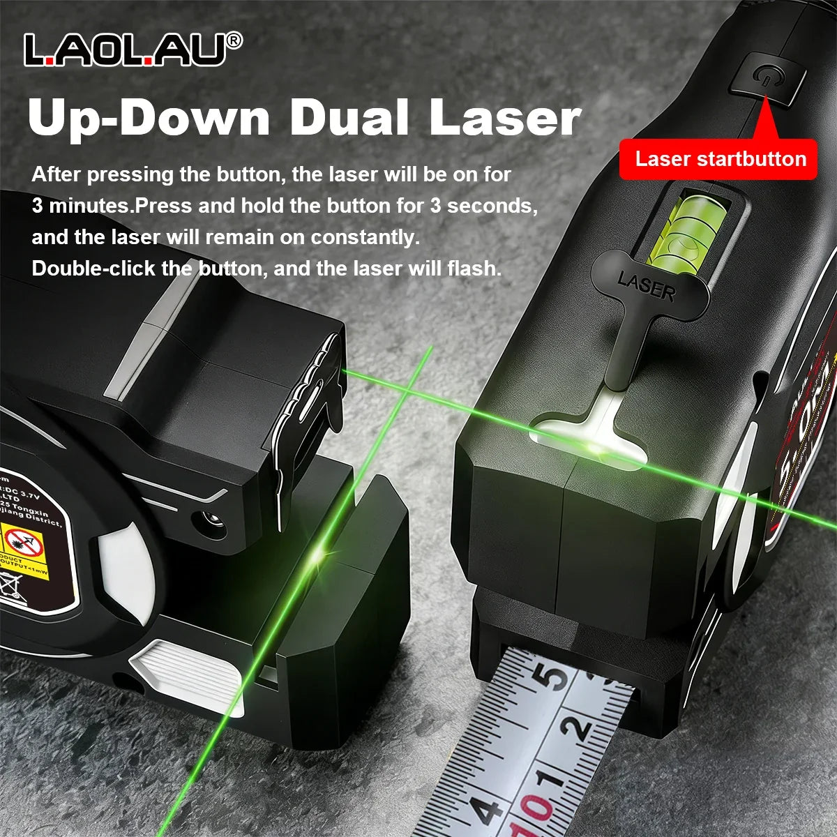 Type-C Battery-Powered Class II Laser Auto-Lock Device 2026 – LAOLAU 2-in-1 Laser Tape Measure 5M/16FT