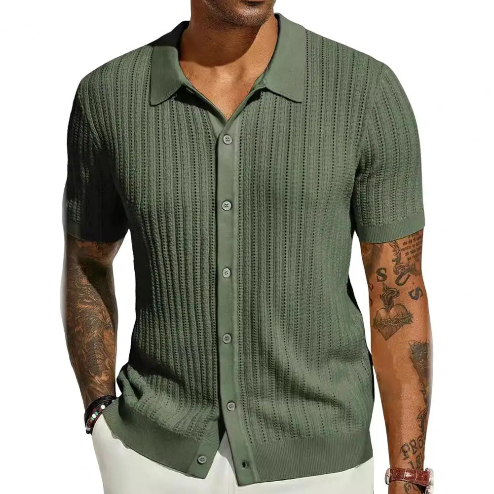 Size Plus Summer Men Knitted Cardigan Shirt, Breathable Short Sleeves Beach Top