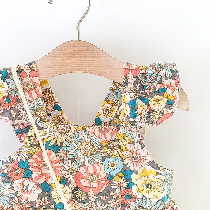 Plush Baby Girl Dress - Timeless Floral Flutter Sleeves, Polyester, With Crossbody Bag, For Ages 0-3
