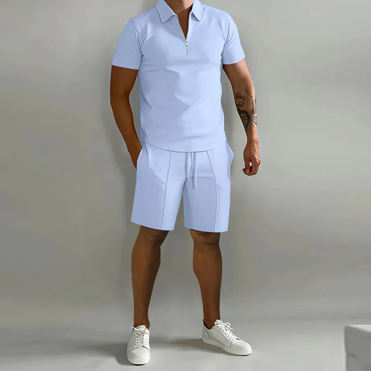 Solid Color Polo Shirt & Vertical Stripe Pants Kit - Casual Short Sleeve Sports Wear