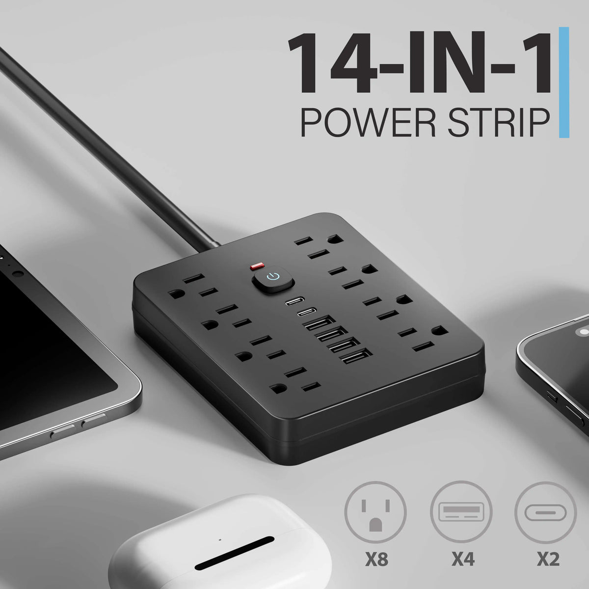 Power 14-in-1 Outlet Surge Protector, 8 AC & 4 USB, Extension Cord for Desktop Charging