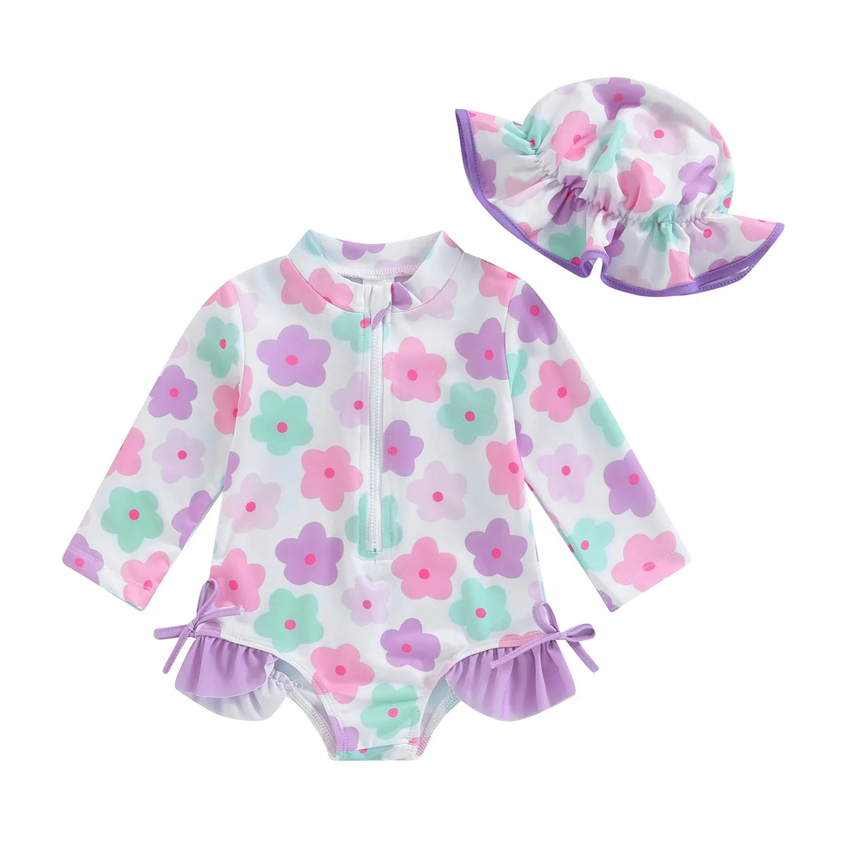 Plush Toddler Girls' Swimsuit - Long Sleeve, Zip Front, Flattering Flower Print, Polyester, Beach & Pool Swimwear