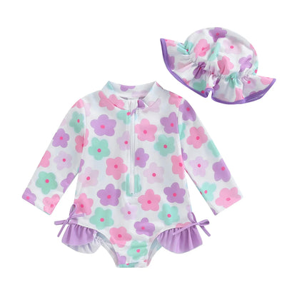 Plush Toddler Girls' Swimsuit - Long Sleeve, Zip Front, Flattering Flower Print, Polyester, Beach & Pool Swimwear