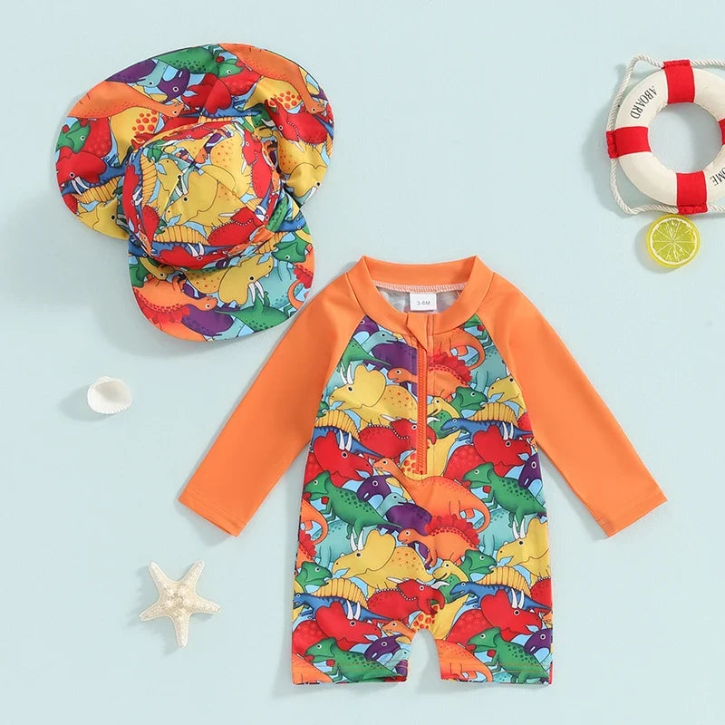 Light Toddler Boys Rash Guard Swimsuit - Long Sleeve, Turtle Print, Polyester, Beachwear