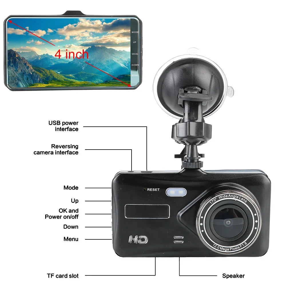 DVR Car Dual Lens DashCam 4" HD 1080P 32 GB Touch Screen Video Recorder