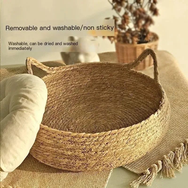 Cat Bed Organic Woven Nest With Seasonal Heating Pad And Washable Insert, Fall 2025 Cozy All Season Retreat