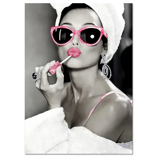 Bathroom Bar Decor Hepburn Canvas Art - Girl Drinking Smoking Wall Picture Bling Design