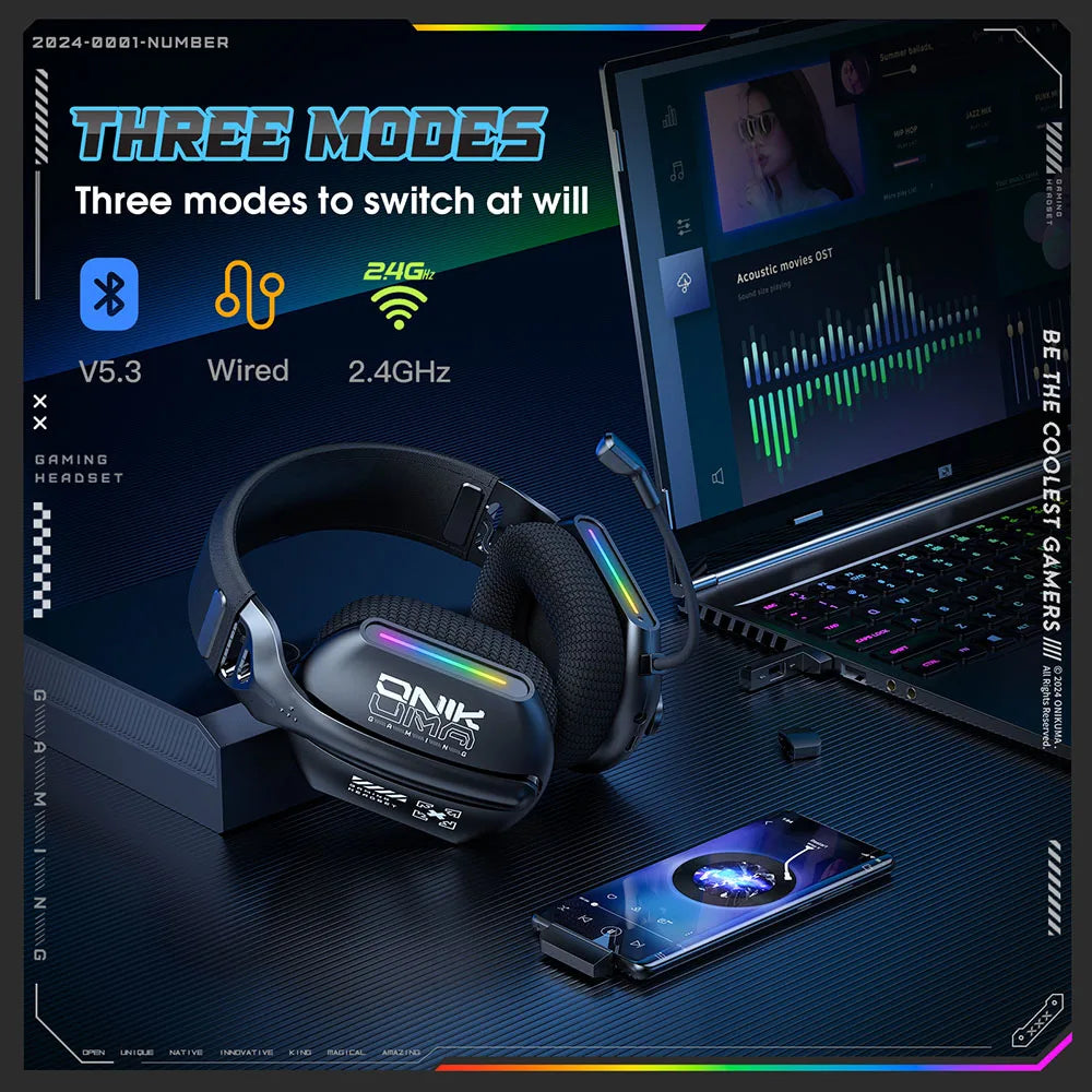 Cordless Gaming Headset Tri Mode Bluetooth Wired Immersive
