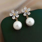 Korean Style Party Jewelry, Fall 2026 Gift Idea – Crystal Flower Earrings Pearl Drop Gold Tone