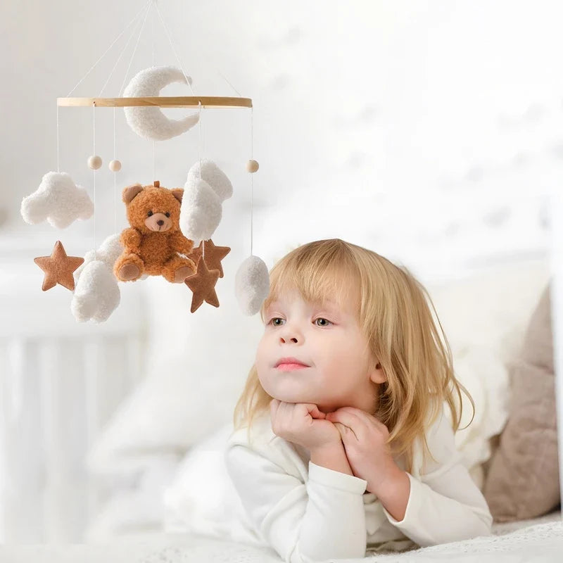 Crib Wooden Mobile Felt Bear Musical Newborn Sensory Toys