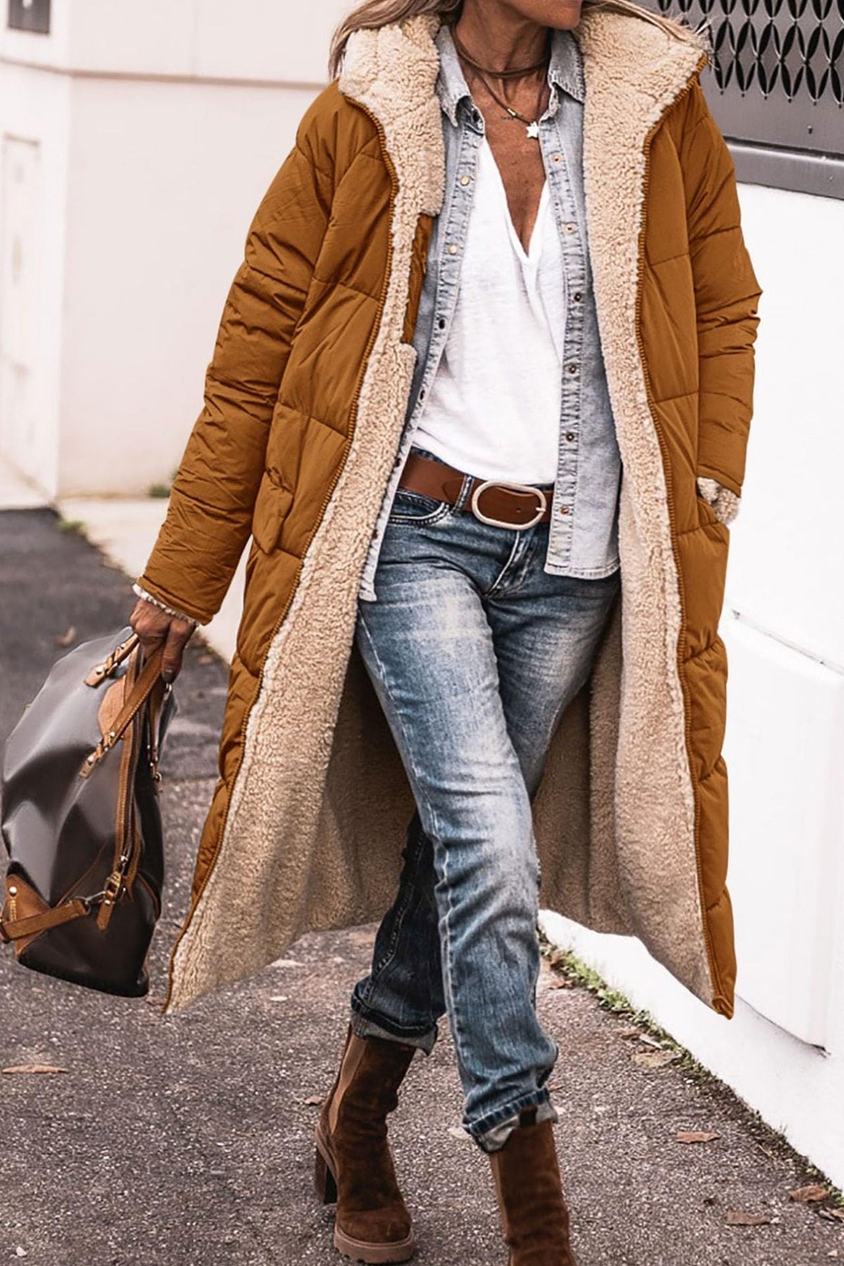Women’s Warm Reversible Long Coat - Quilted Sherpa Hooded