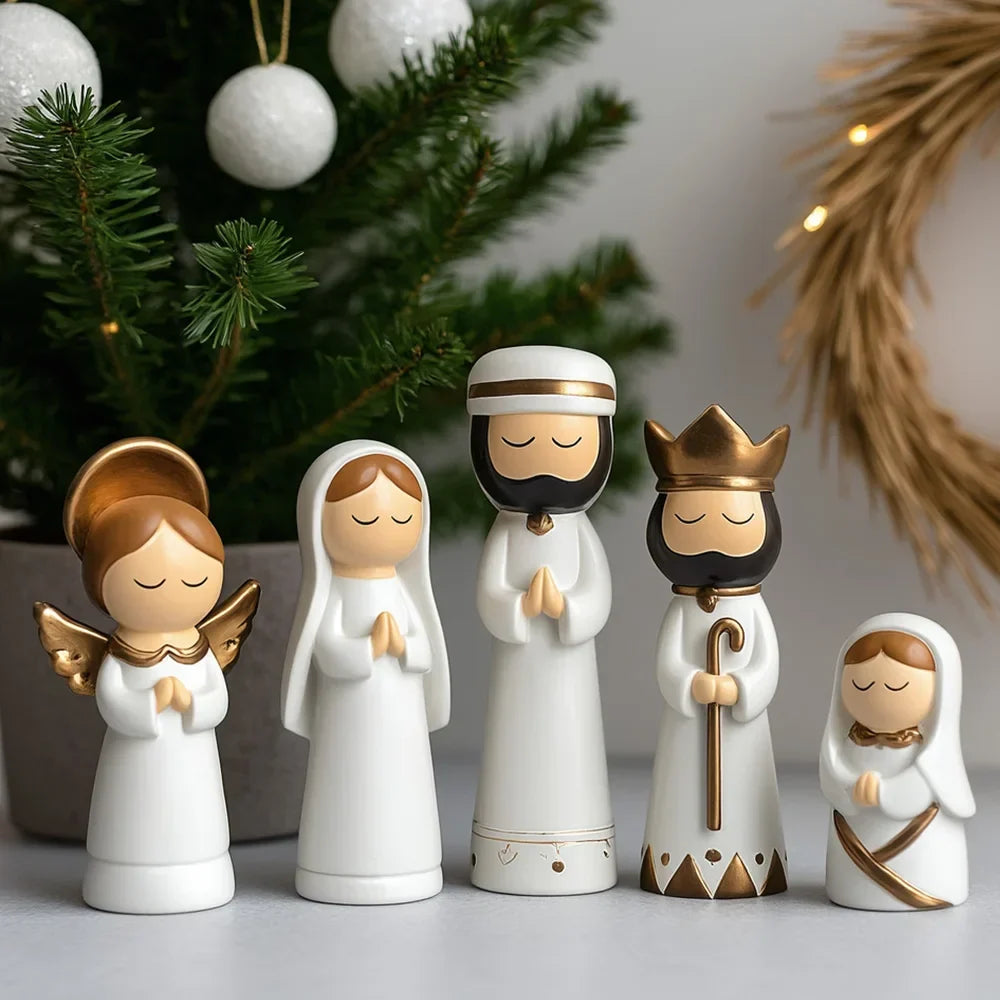 Nativity Kit Resin 7 Piece White Gold Christmas Nativity Figurines For Tabletop Decor Holiday Gift Idea