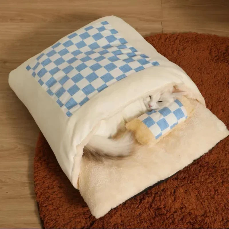 Bed Cat Plush Cave Sleeping Bag Pet Nest Winter 2025 Detachable Pillow Cozy Deep Sleep House