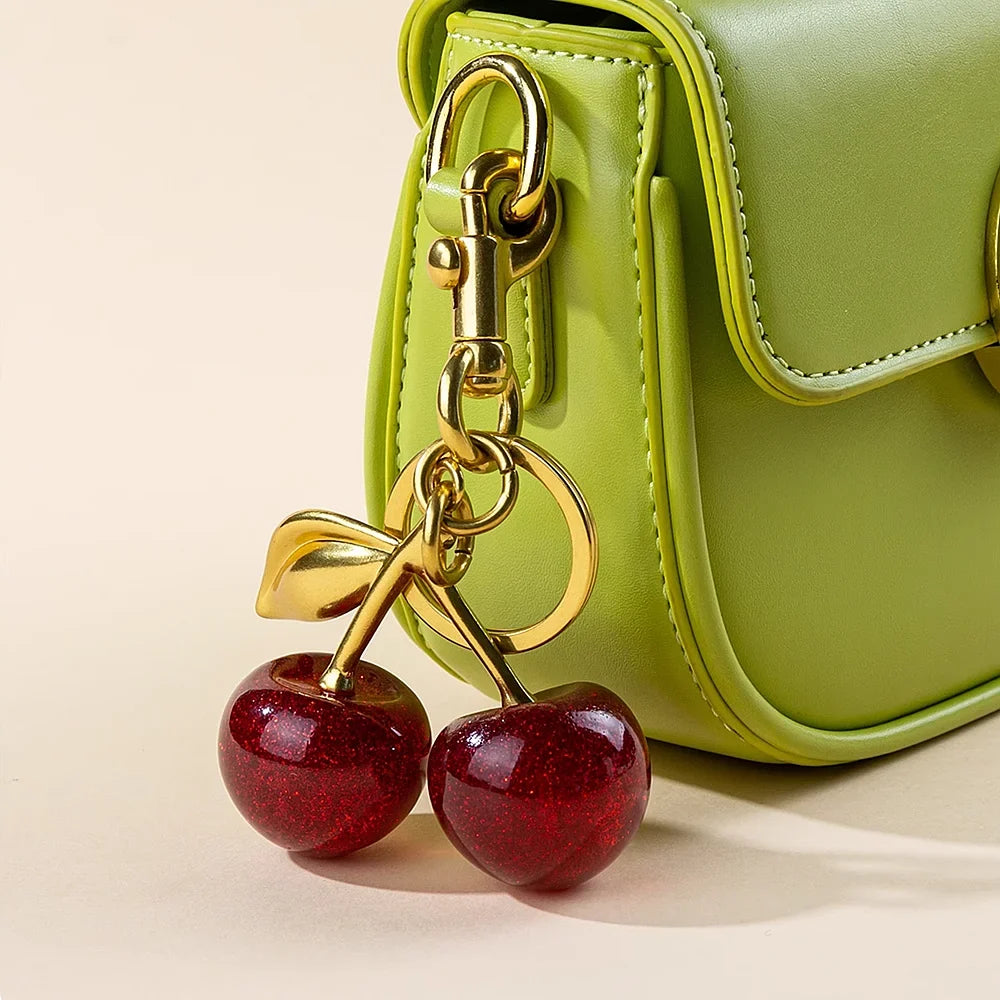 Cherry Red Keychain Bag Charm With Gold Leaf Lobster Clasp