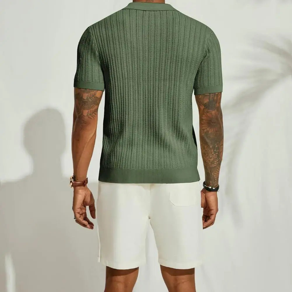 Size Plus Summer Men Knitted Cardigan Shirt, Breathable Short Sleeves Beach Top