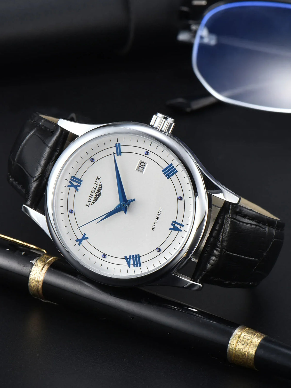 Automatic Watch Leather Strap Mechanical Date Water-Resistant
