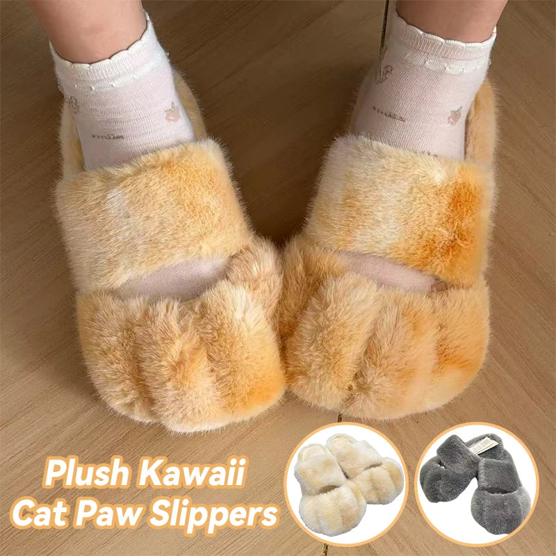 Plush cozy women's slippers - cat-paw design, long-pile plush faux fur, indoor use
