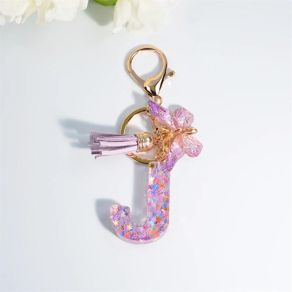Letter Sequin Keychain With Butterfly Tassel Charm