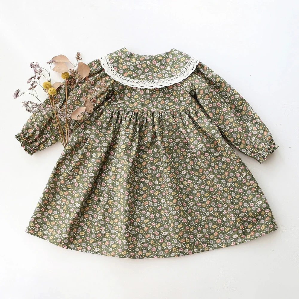 Plush girls' dress - vintage-inspired floral-pattern, cotton, for special occasions and holidays