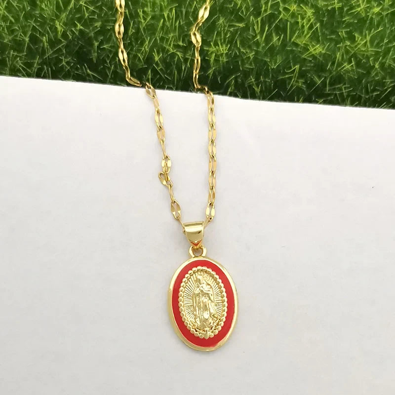 women's Timeless Virgin Mary pendant necklace - 18K gold-plated stainless steel link chain, for everyday wear