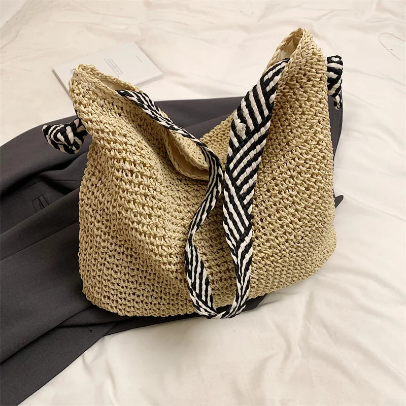 Straw2026 Edition Beach Bag - Large Capacity Woven Tote With Knot Shoulder Straps, Summer