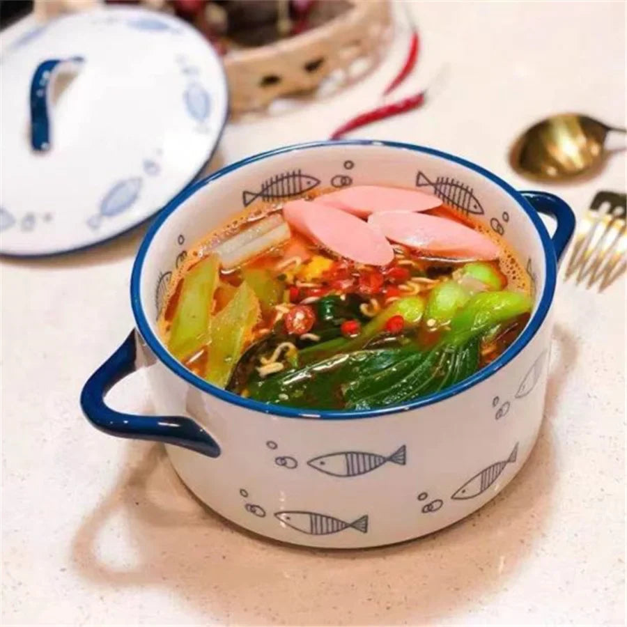 1000ml Ceramic Covered Noodle Bowl Microwave Safe With Lid