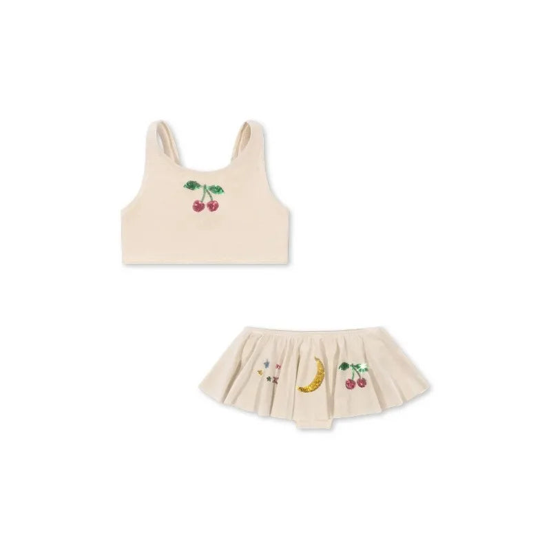 Fast-dry girls’ swimwear - checkered cherry print bikini set, nylon, for summer vacation