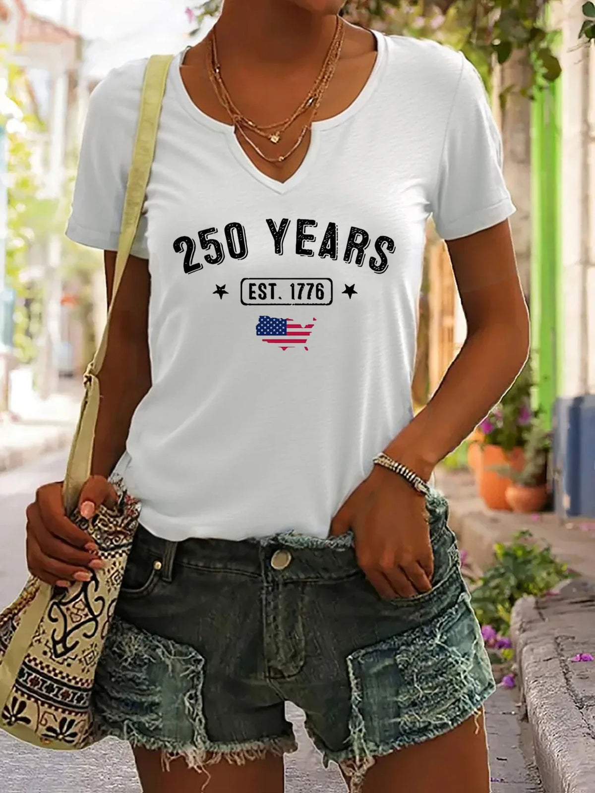 V-neck, short sleeve, patriotic EST.1776 USA print, casual top – Breathable women's t-shirt