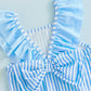 Baby Breathable Girls Swim Romper - Striped Print, Flutter Sleeves, Polyester-Elastane Blend, For Pool and Beach