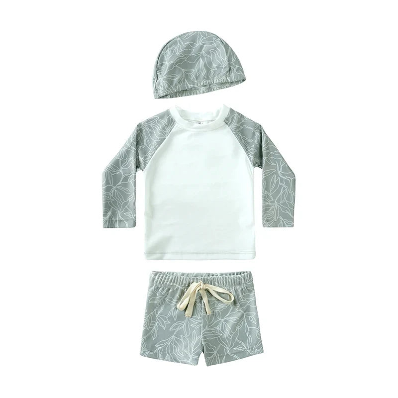 Long-Sleeve Top, Swim Pants, Hat, Polyester Elastane, Beach Vacation – Breathable Kids Rash Guard Swim Kit