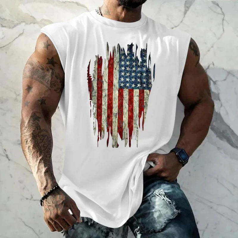 Men's Breathable Tank Top - Round-Neck, Sleeveless, 3D-Printed American Flag Heart Graphic, Casual Summer Wear