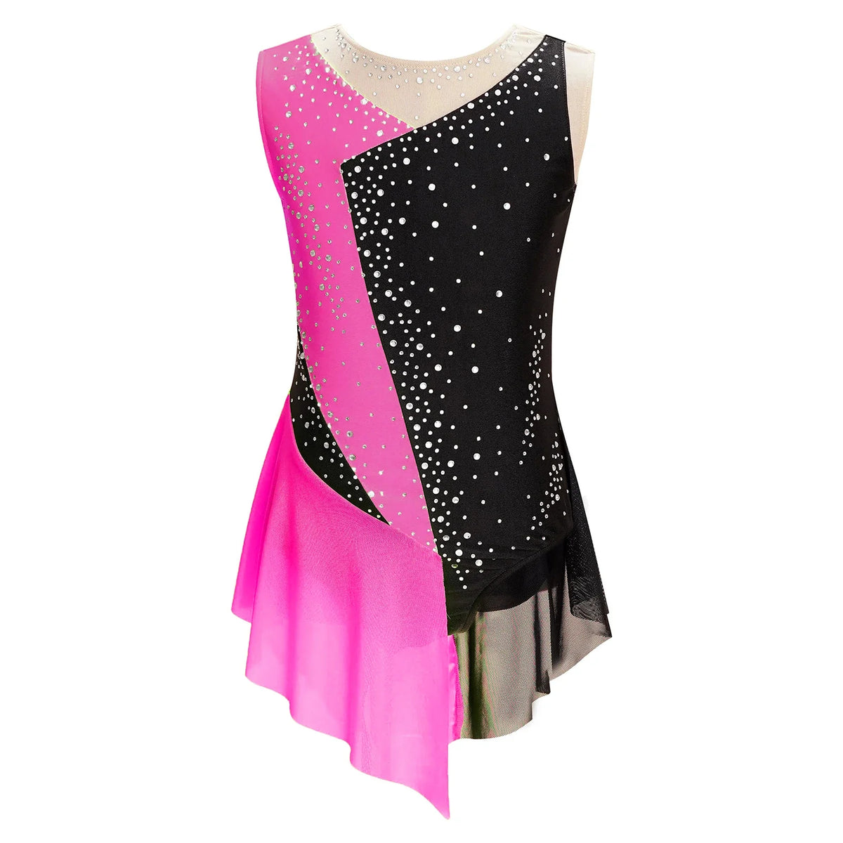 girls' Stretchy leotard - rhinestone mesh yoke, sleeveless, polyester, nylon, elastane, for lyrical dance performance