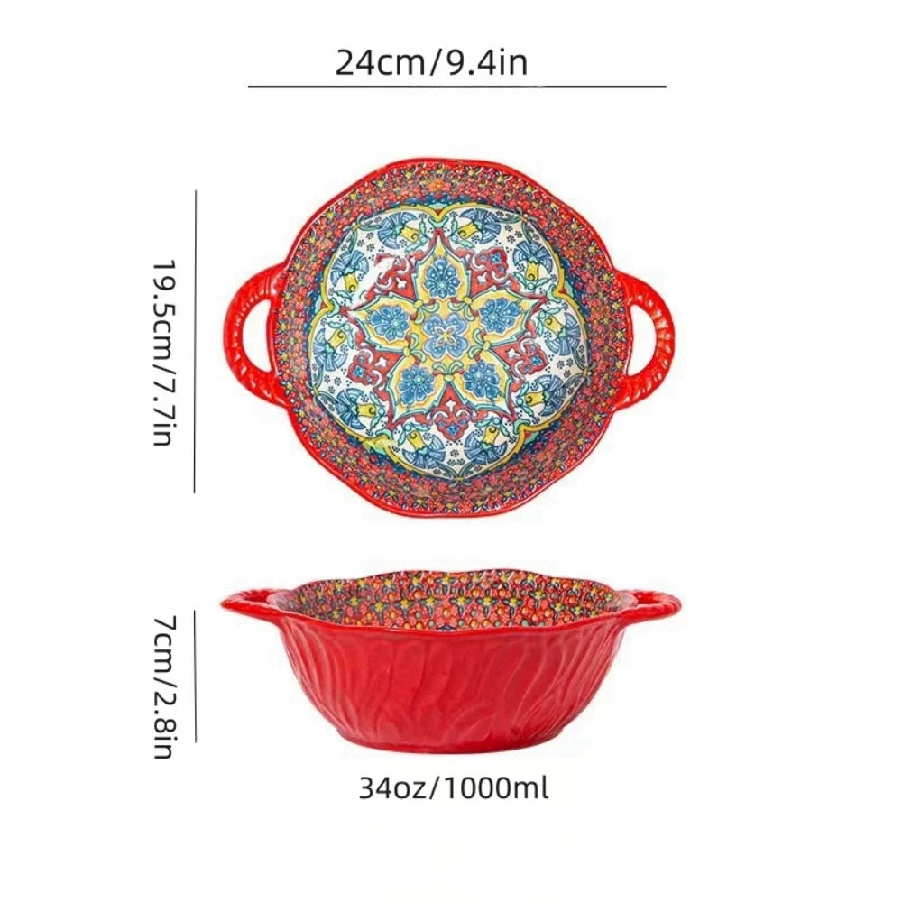 Soup Ceramic Bowl Bohemian Handle Embossed Microwave
