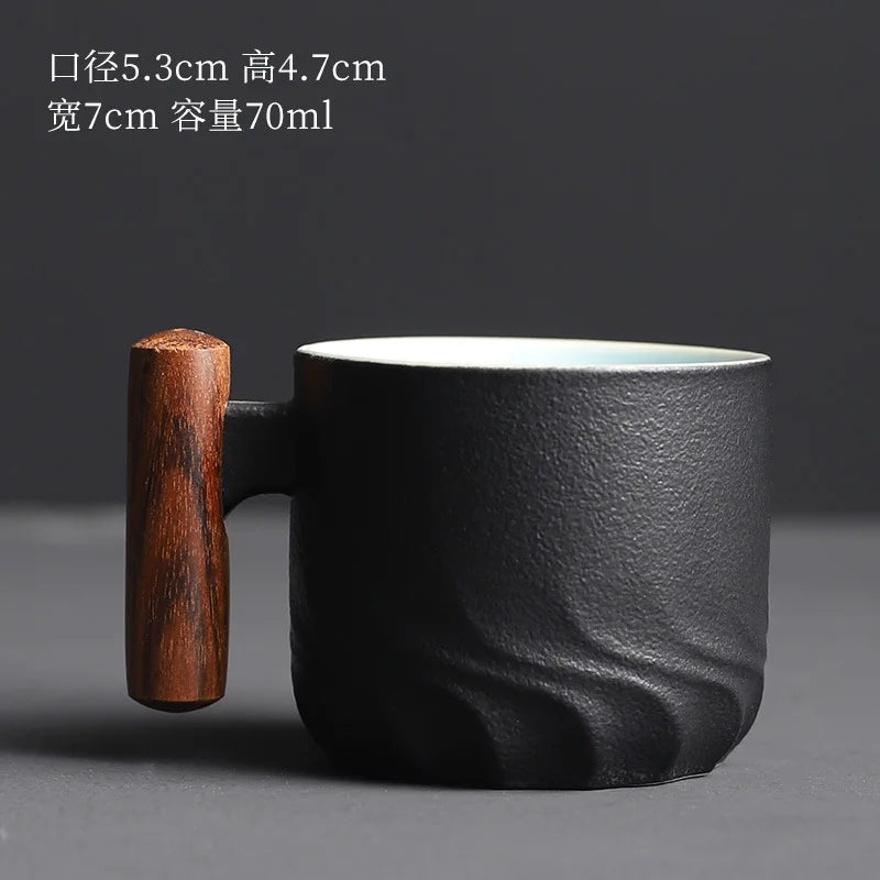 Cup Espresso Porcelain With Wooden Handle Handmade Vintage Mug, Fall 2025 Cozy Gift For Coffee Lovers