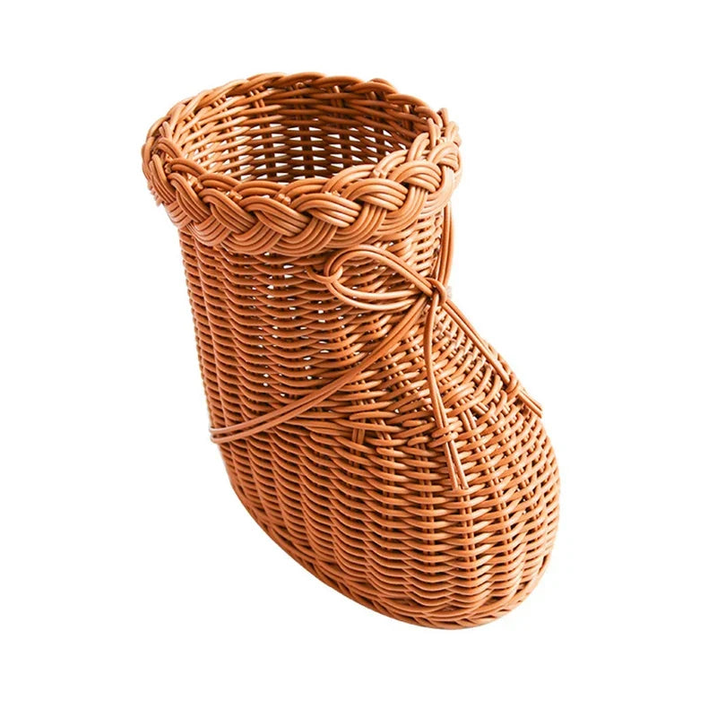 Vase Rattan Boot Shaped Imitation Woven Tabletop Christmas Decor Holiday 2025 Cute Centerpiece Gift